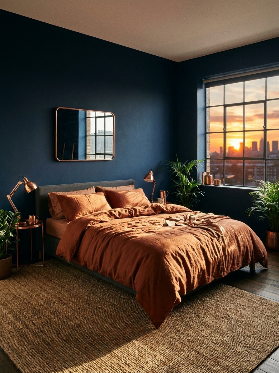 Contemporary bedroom with midnight blue and rust orange color palette.