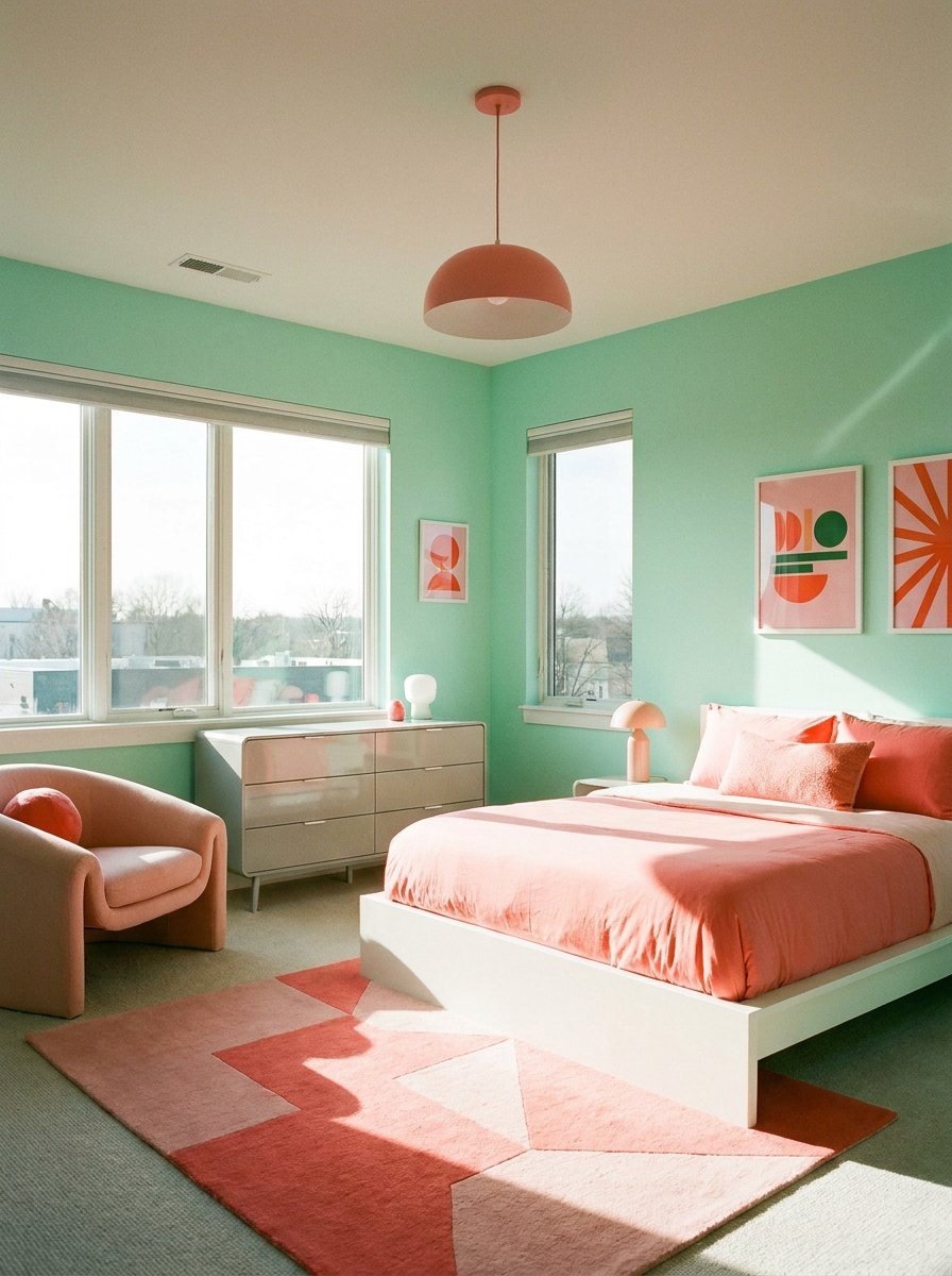 Bright mint and coral bedroom with a fresh modern aesthetic.