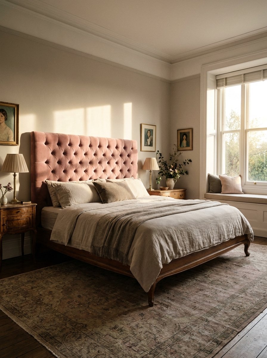 Vintage dusty pink tufted velvet headboard in a cozy bedroom setting with soft lighting.