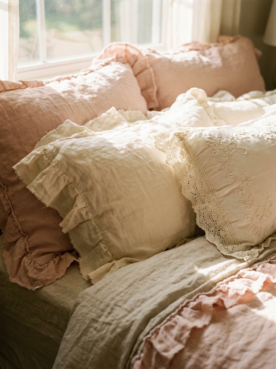Close-up of ruffled blush pink linen sheets and lace pillows on a vintage bed.