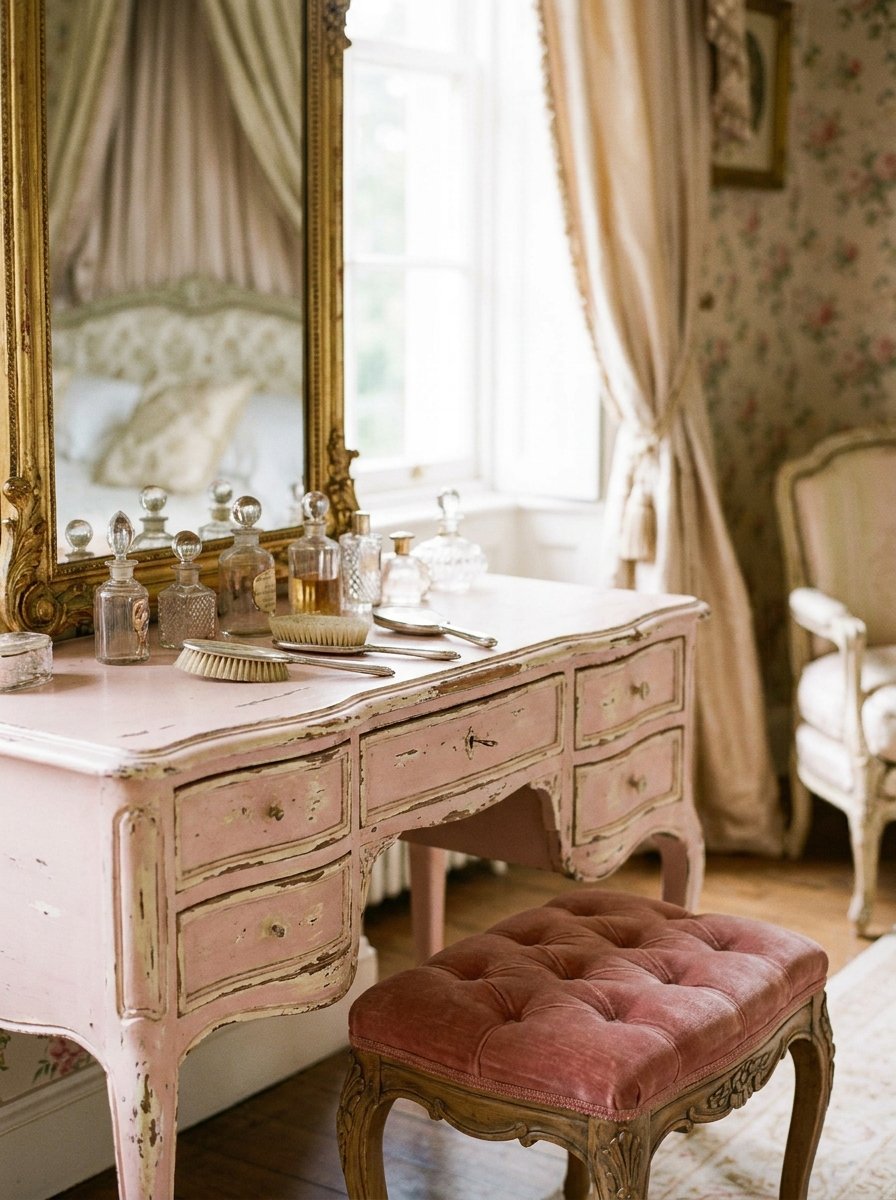 Distressed pink antique vanity table with ornate mirror and vintage accessories.