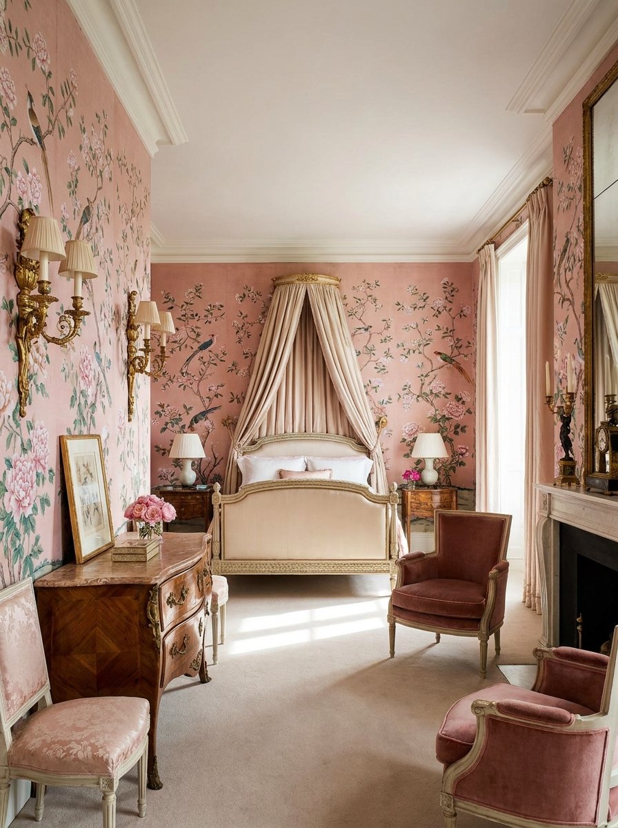 Elegant bedroom wall featuring pink floral Chinoiserie wallpaper and gold sconces.
