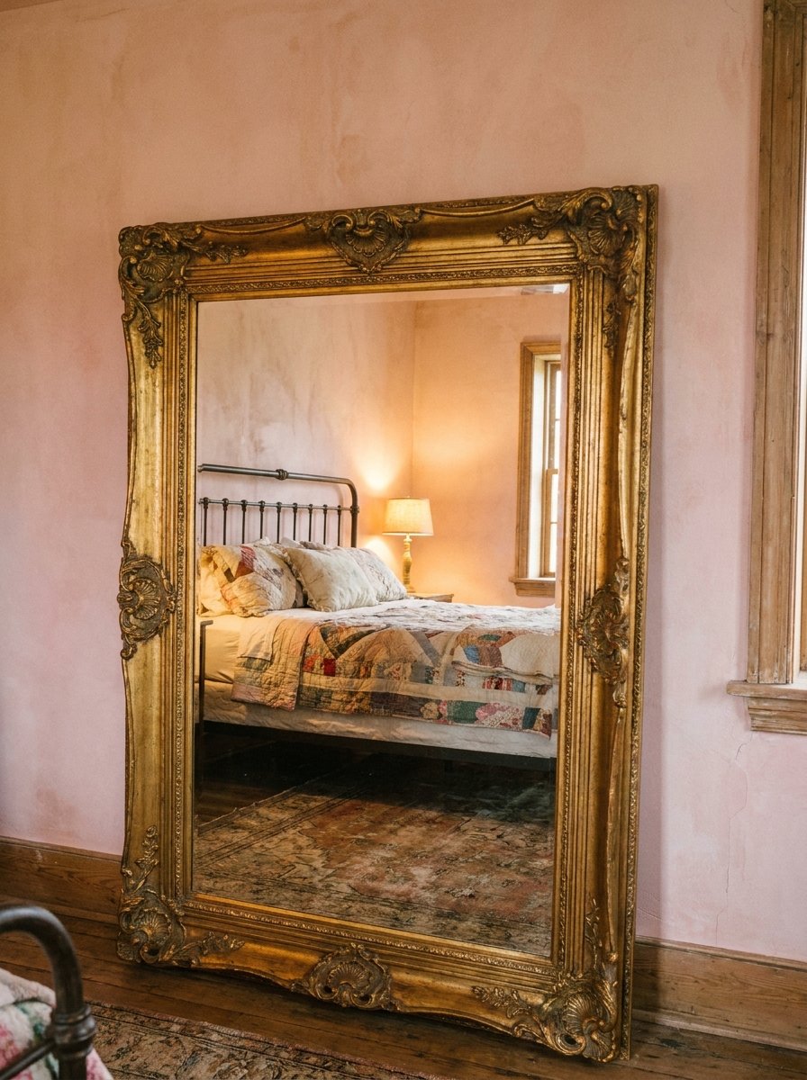 Large ornate gold mirror reflecting a vintage pink bedroom interior.