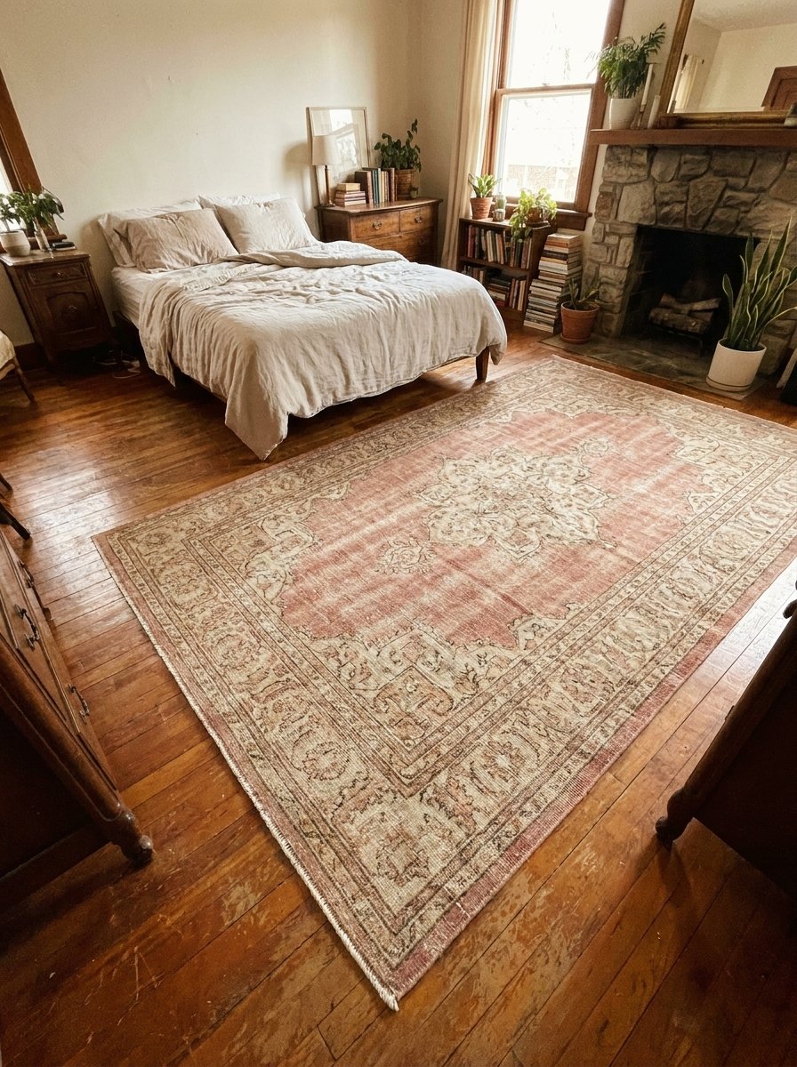 Traditional faded Persian rug with pink tones in a vintage-style bedroom.