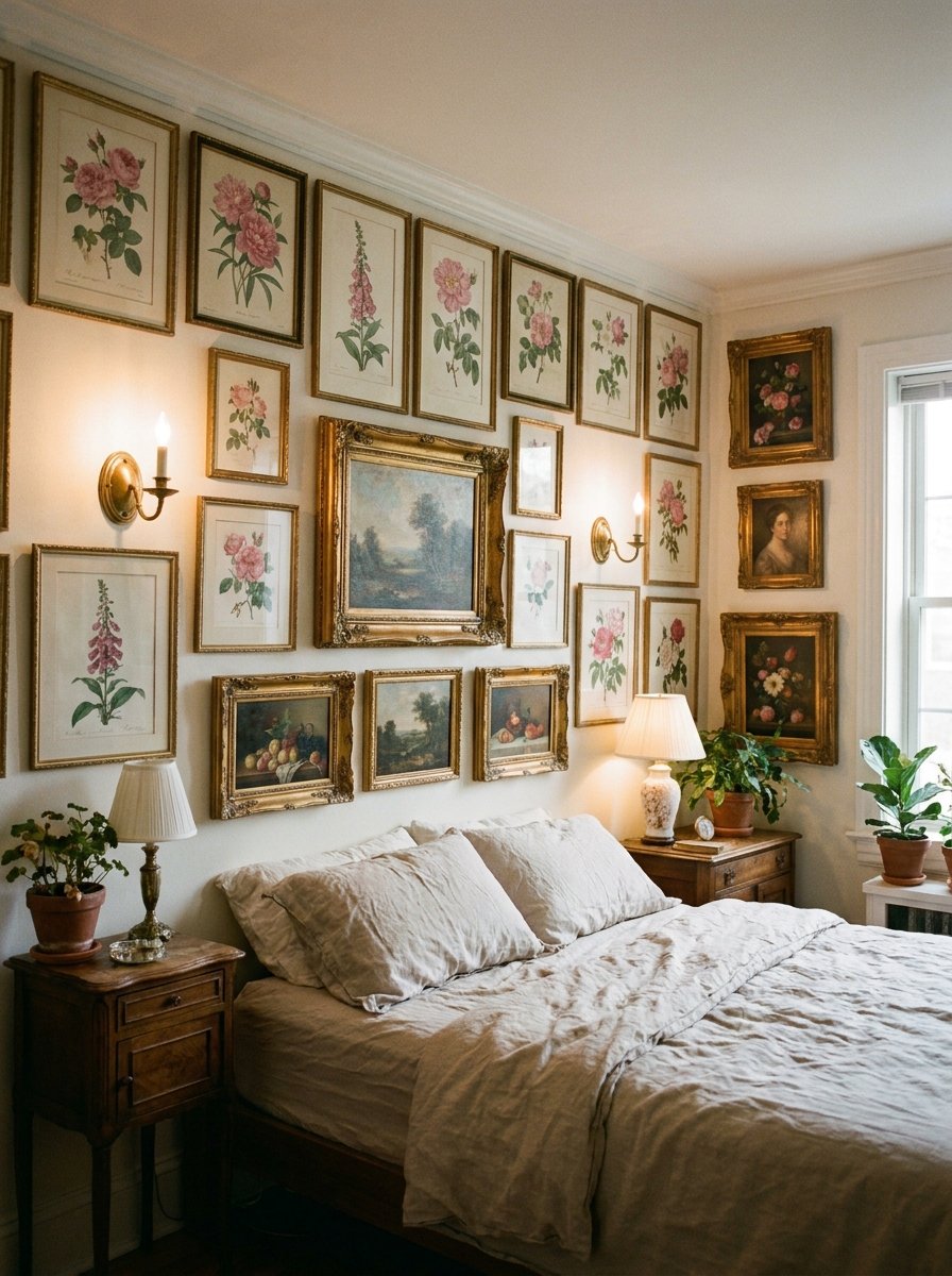 Gallery wall of vintage botanical flower prints and antique paintings in a pink bedroom.