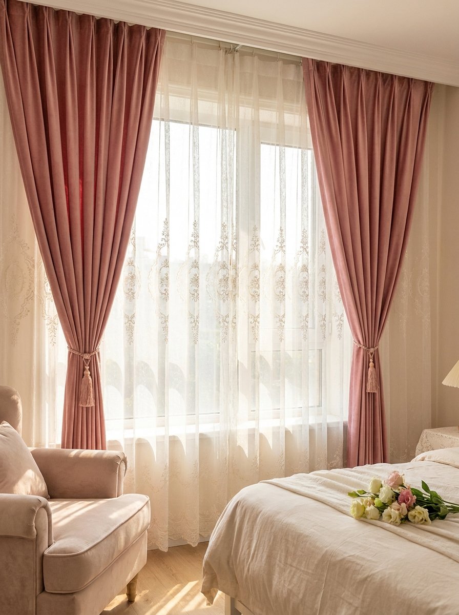 Sheer lace curtains layered with rose pink velvet drapes in a sunlit bedroom.