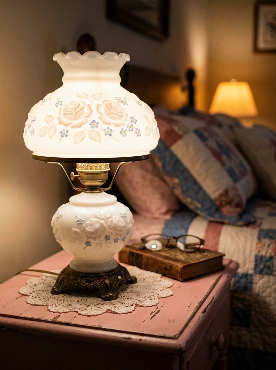 Vintage milk glass lamp with floral details on a pink bedside table.