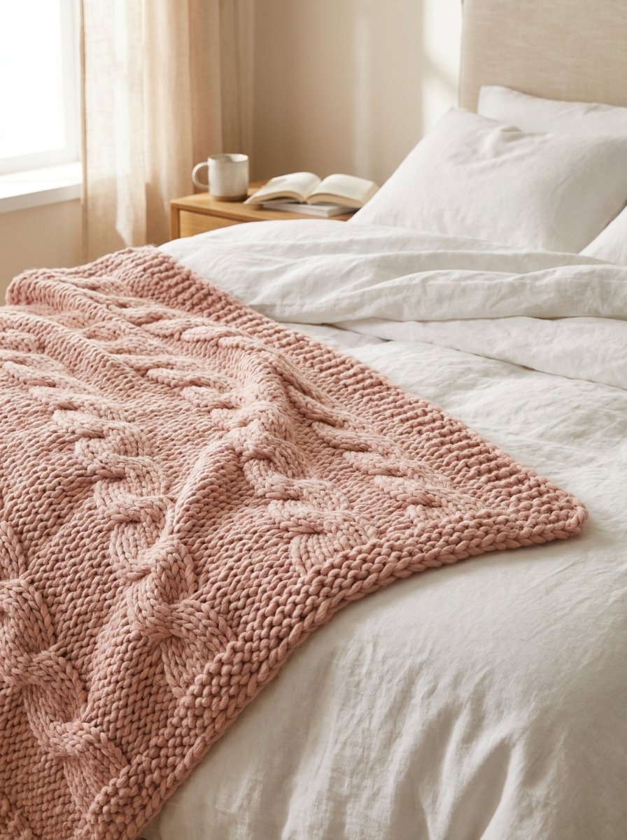Chunky knit blush pink throw blanket on a white bed for a cozy vintage feel.