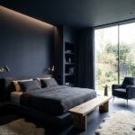 A color-drenched moody blue bedroom with matching walls and ceiling for a seamless modern look.