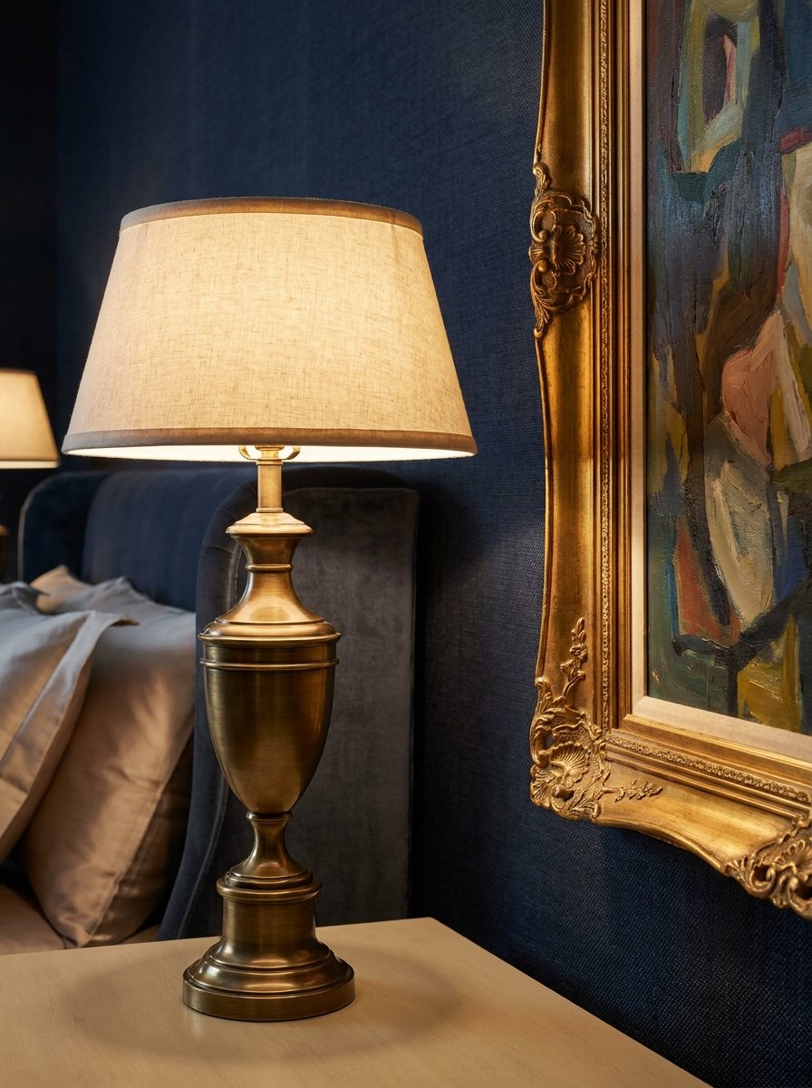 Gold and brass decor accents against a dark moody blue bedroom wall for a luxury aesthetic.