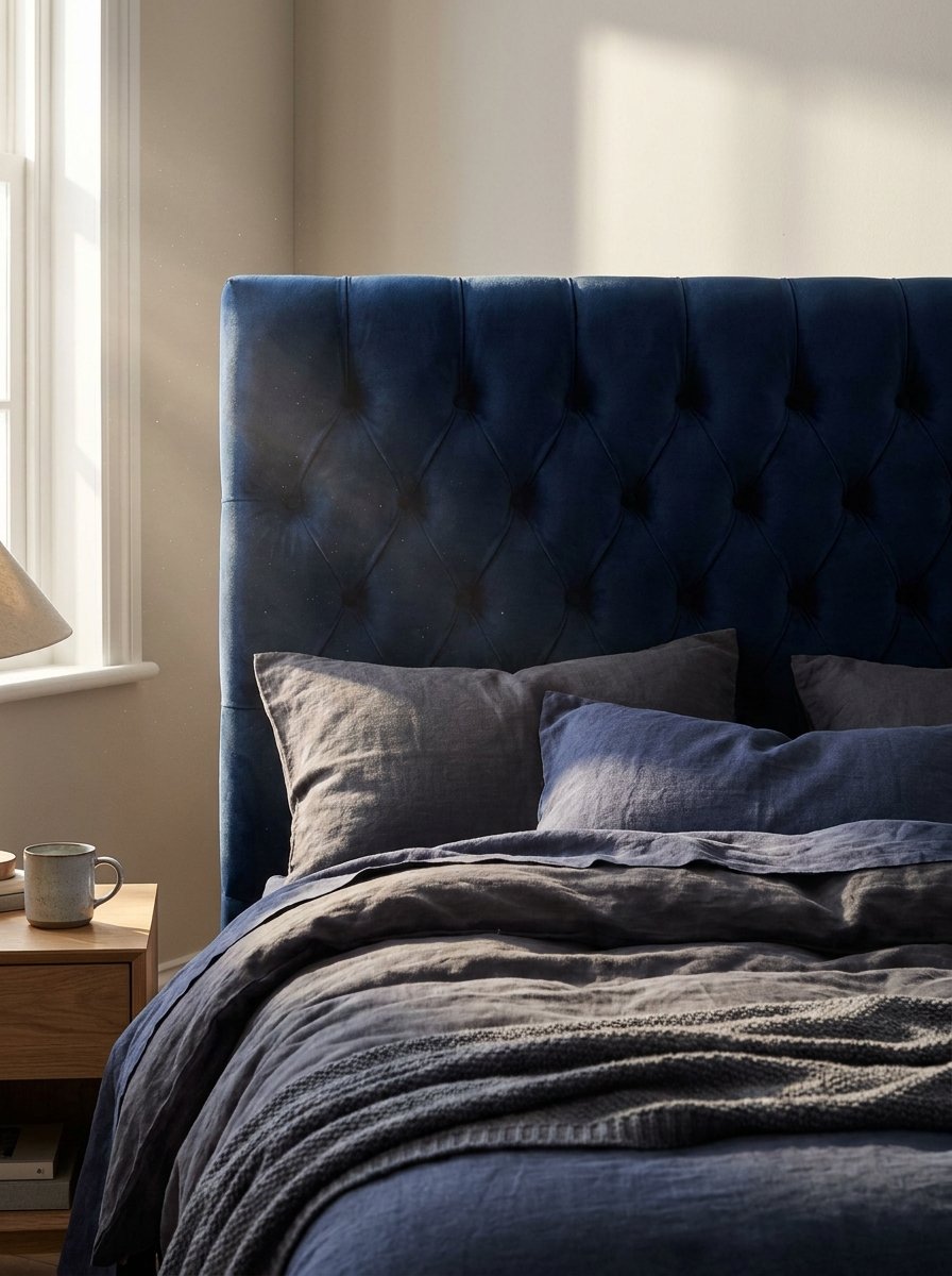 Close up of navy velvet fabrics and blue linen bedding in a textured moody bedroom.