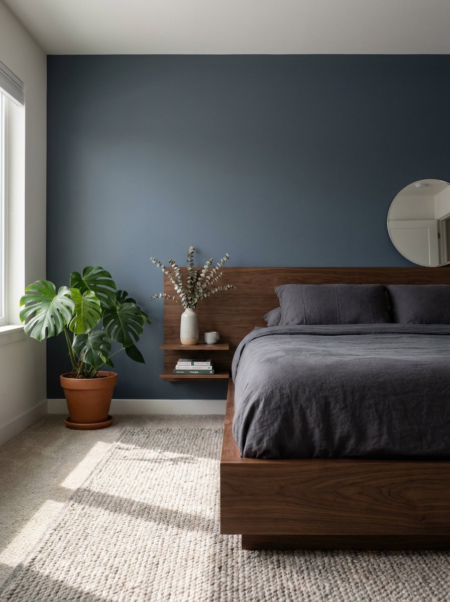 Walnut wood furniture paired with moody blue walls in a modern bedroom design.