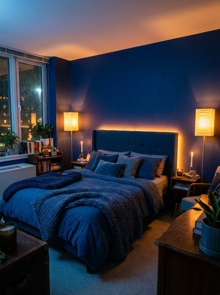 Layered ambient lighting in a dark blue bedroom creating a cozy and intimate mood.