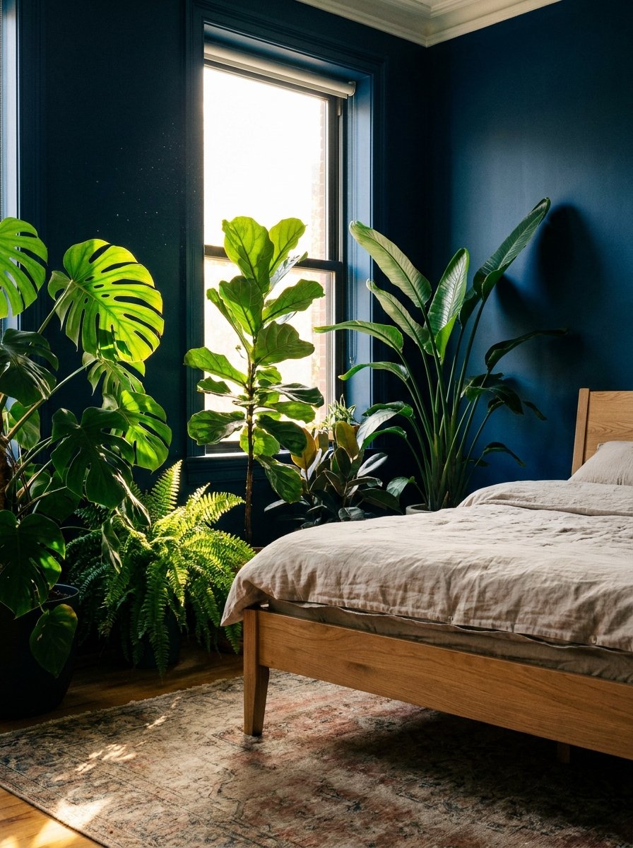 Lush green indoor plants contrasting against deep moody blue bedroom walls.