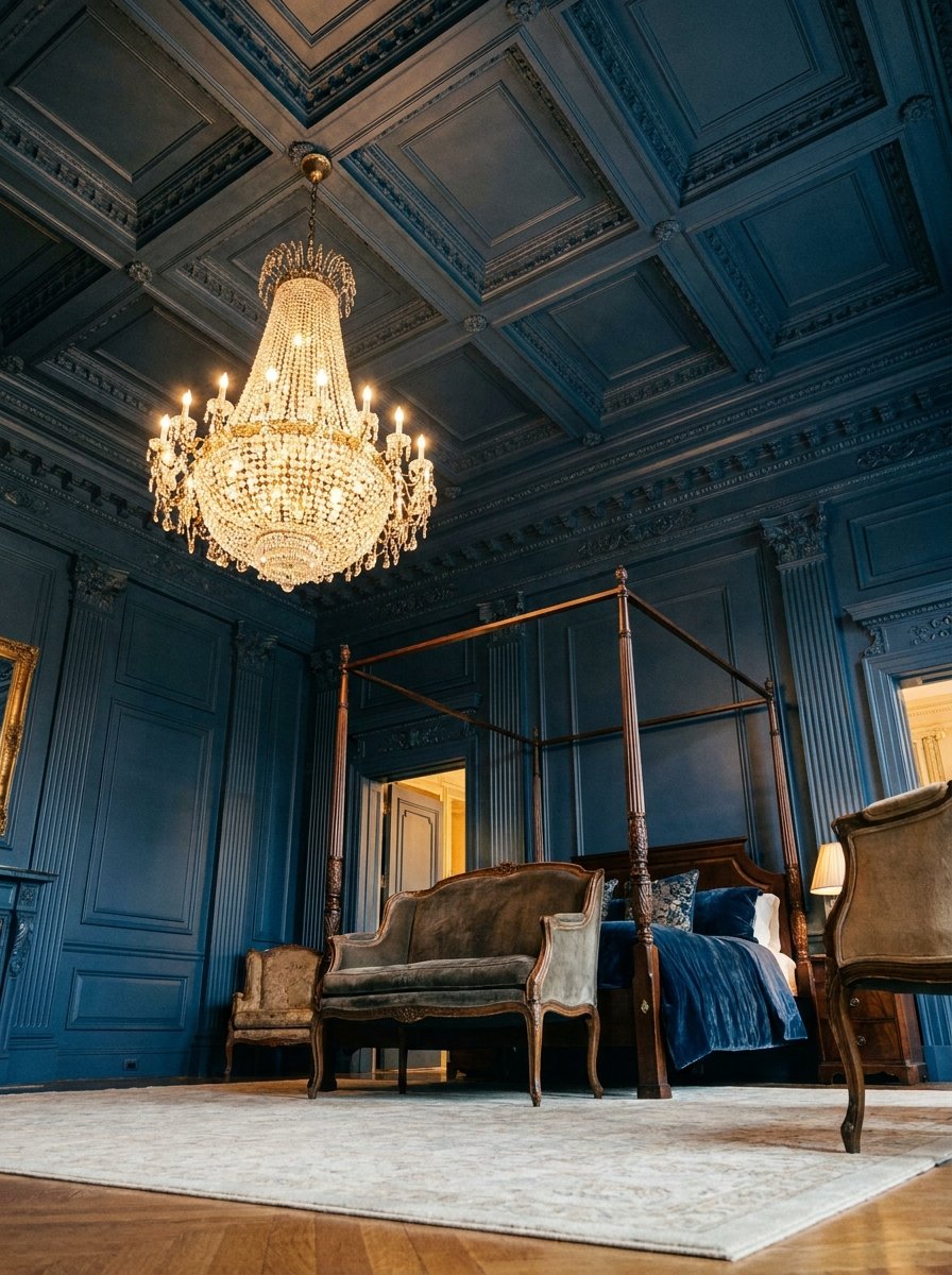 A bedroom featuring a dark blue statement ceiling and matching indigo walls.