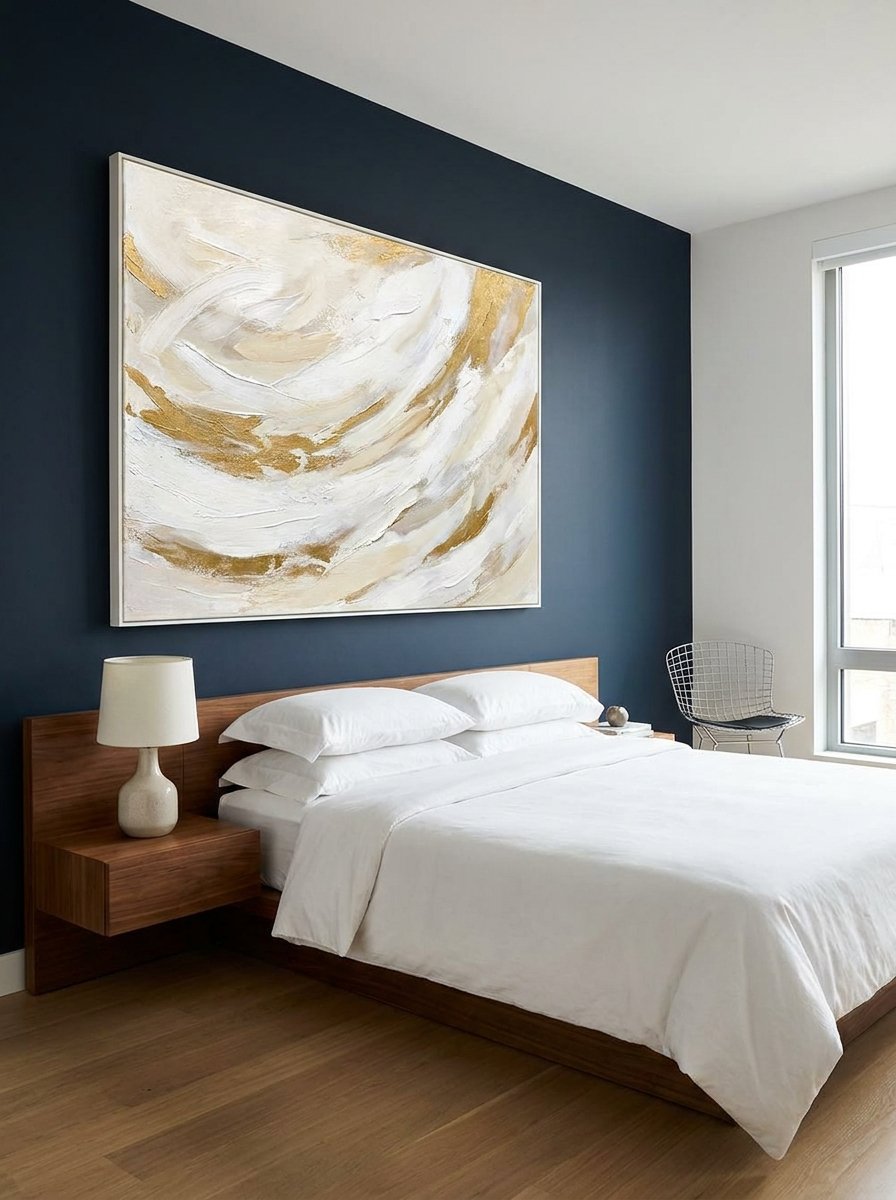 Modern abstract art with white highlights displayed on a dark moody blue bedroom wall.