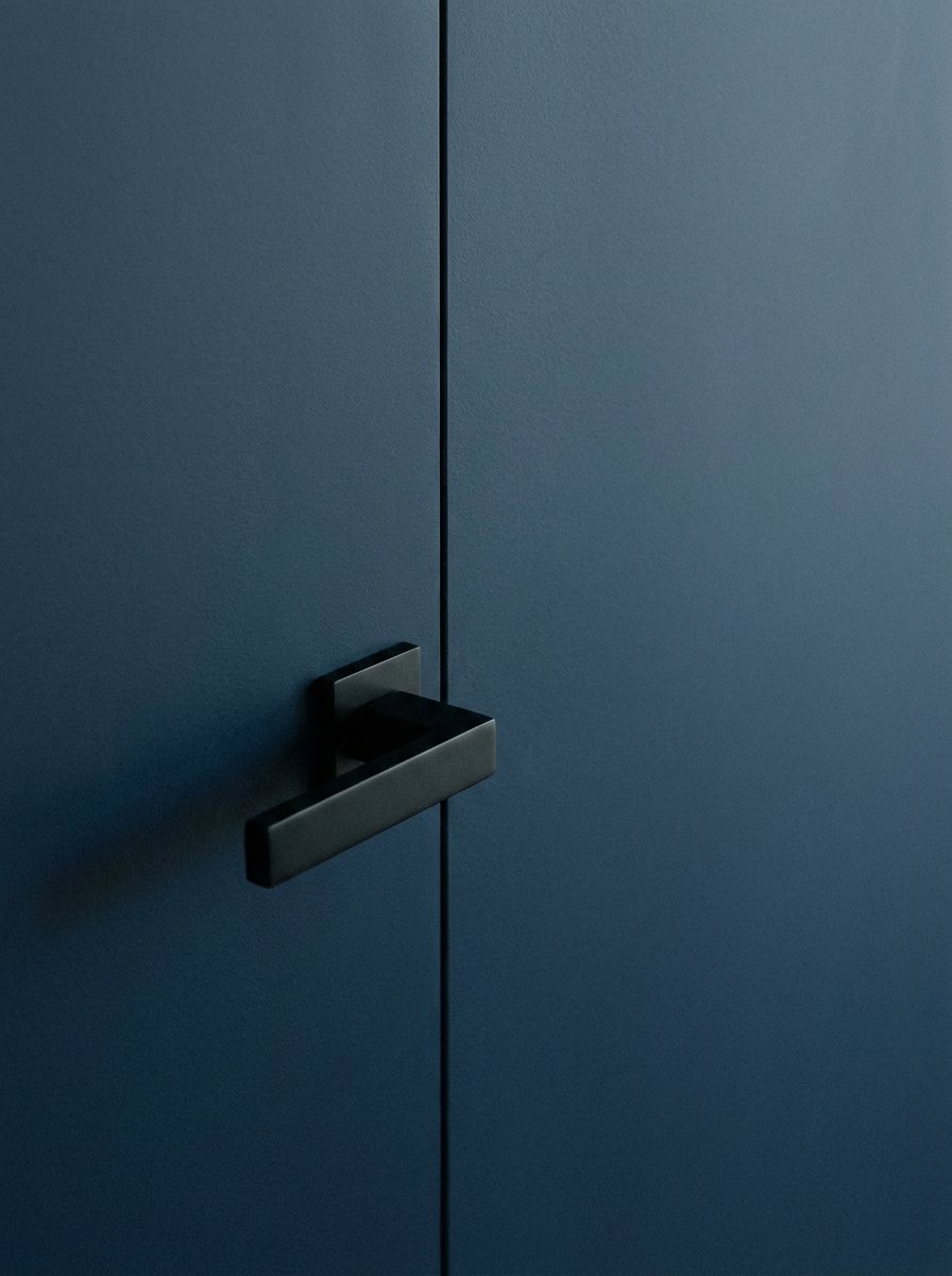 Minimalist matte black hardware on a moody blue door for a modern bedroom look.