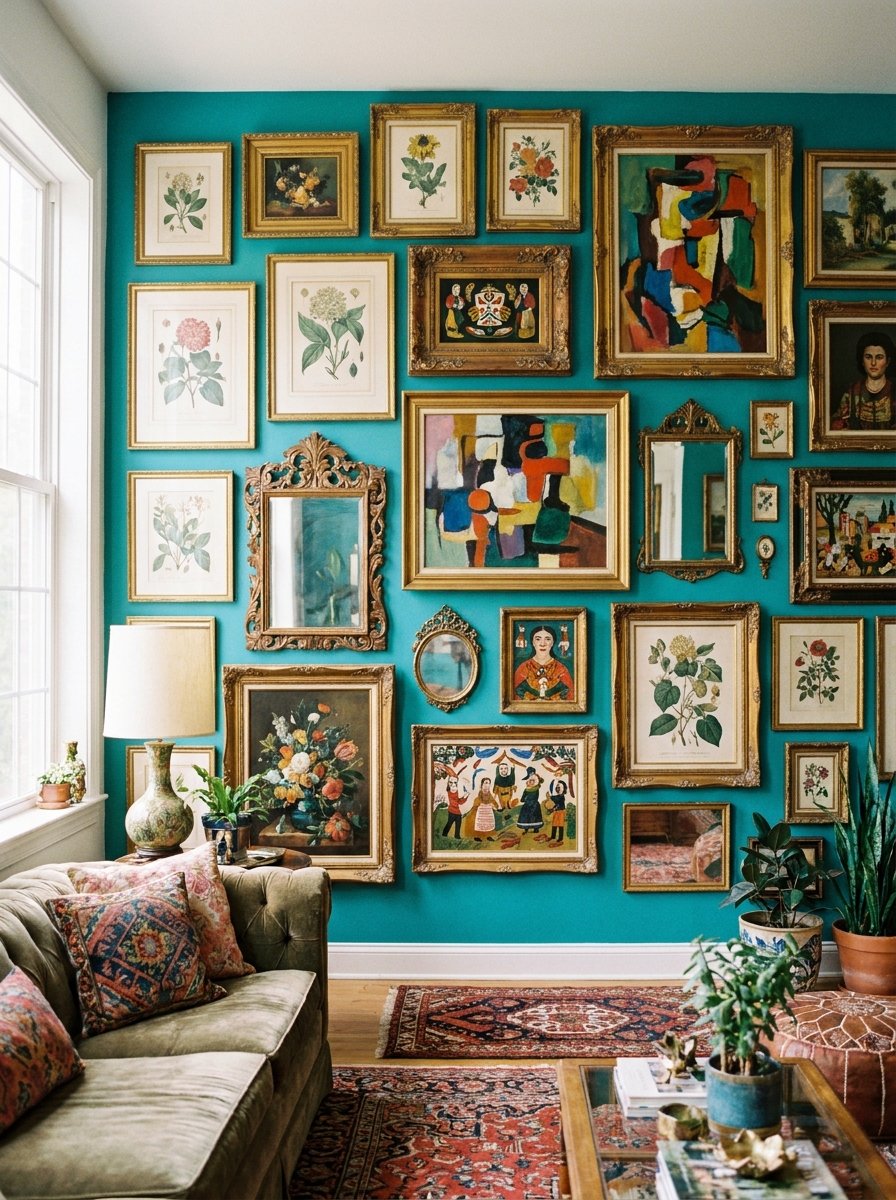Maximalist gallery wall with mismatched vintage frames and colorful art on a teal wall.
