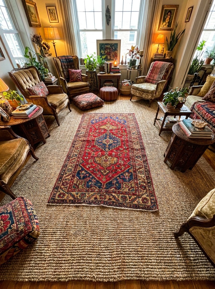 Layered rugs in a maximalist living room featuring a jute base and a colorful patterned kilim.