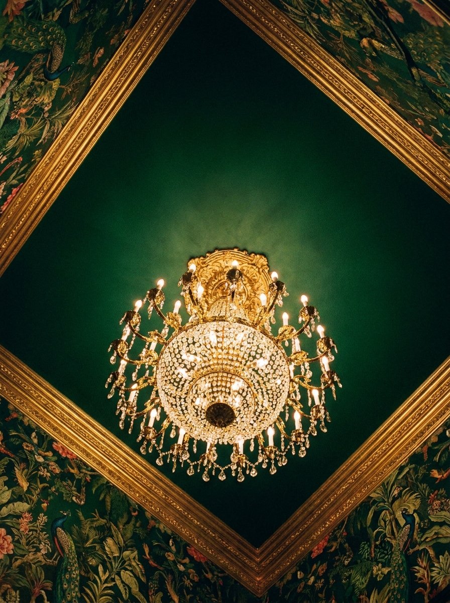 Bold emerald green statement ceiling with a gold chandelier in a maximalist room.