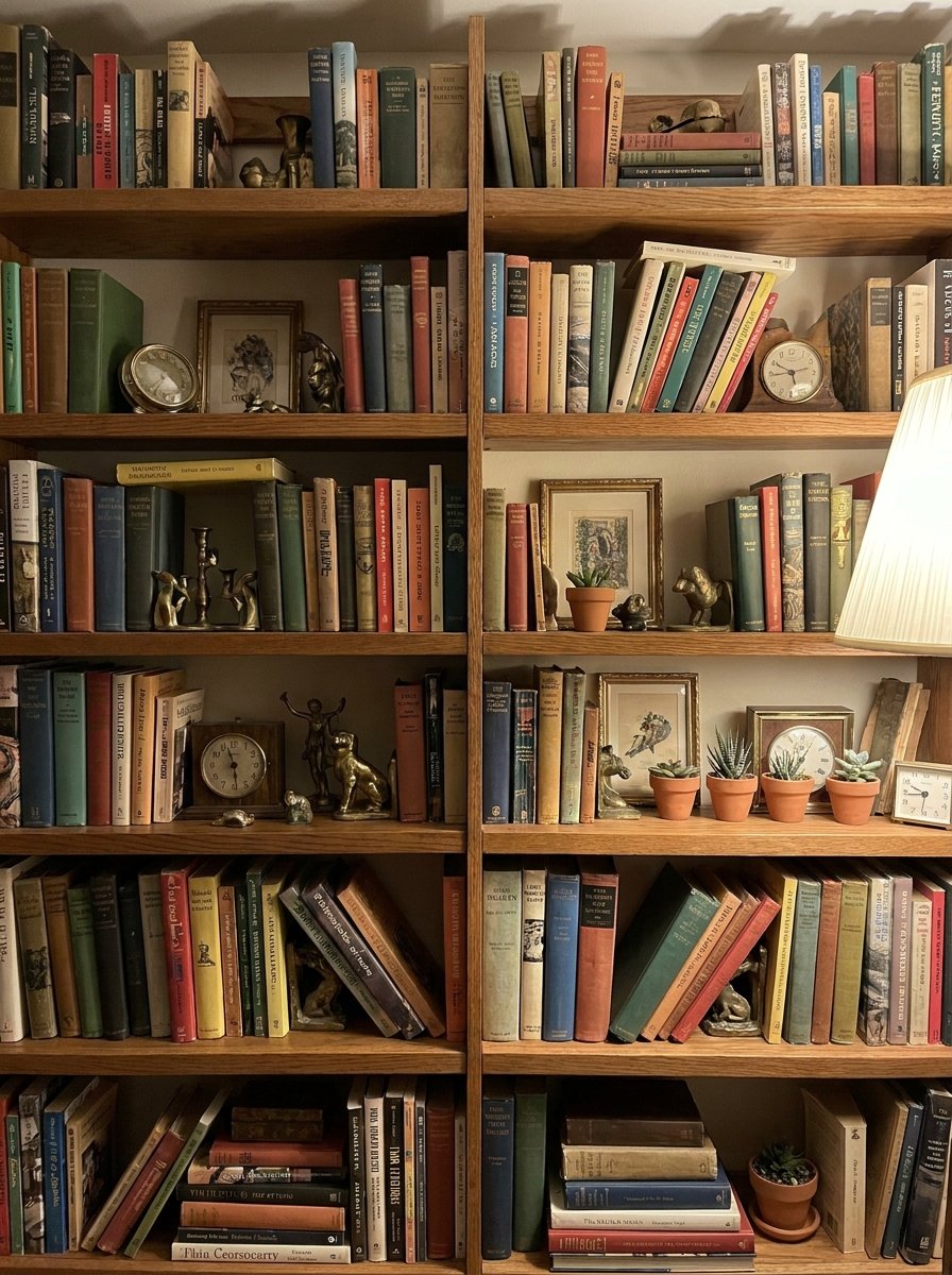Maximalist bookshelves filled with colorful books, brass decor, and indoor plants.