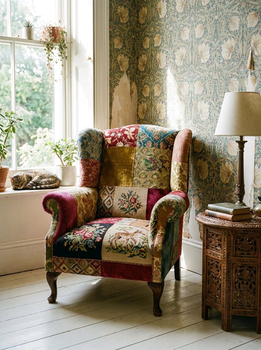 DIY maximalist armchair upholstered in colorful vintage patchwork fabrics.