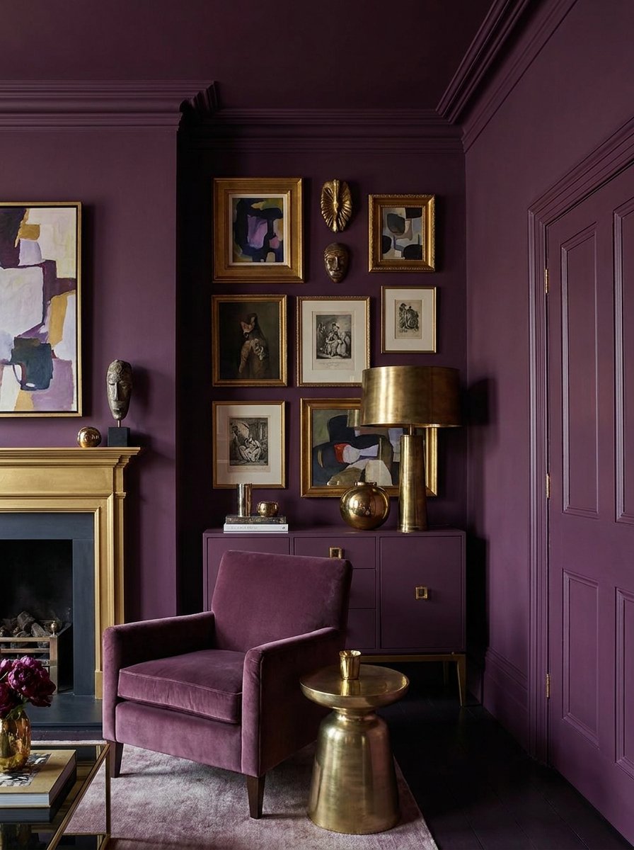 Color drenched room in deep plum purple with gold accents and maximalist decor.