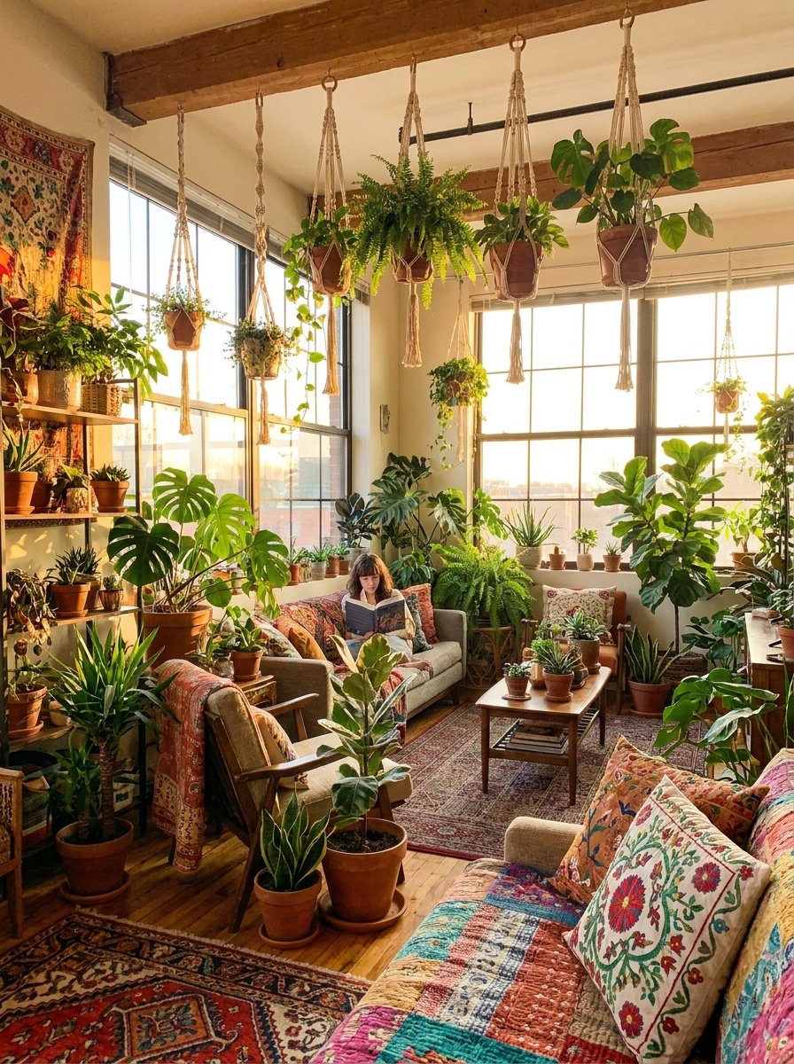 Maximalist indoor garden with numerous plants in mismatched pots and hanging planters.
