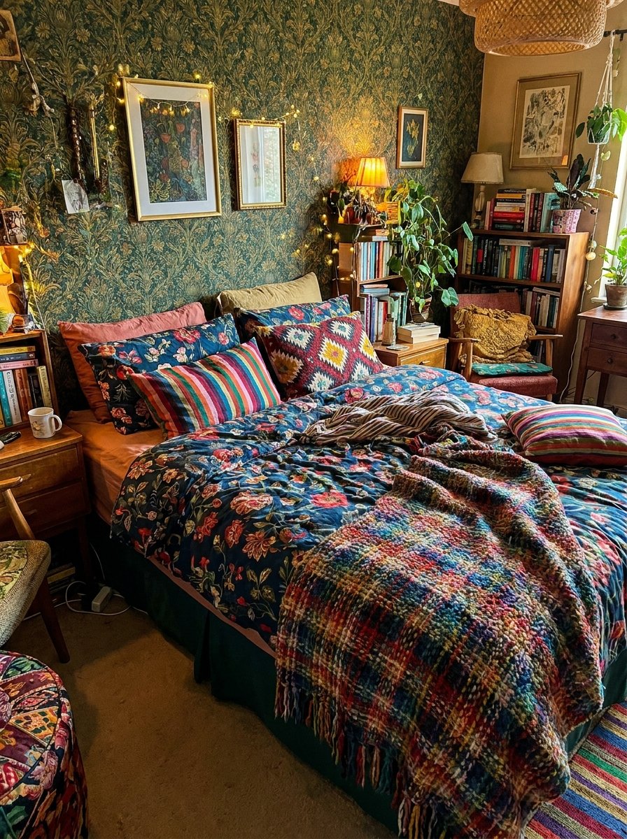 Maximalist bedding with mixed patterns including florals, stripes, and bohemian prints.