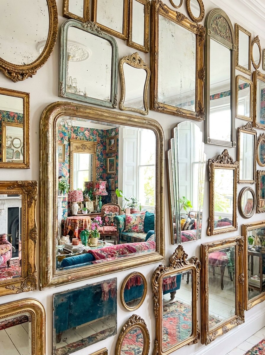 Collection of vintage ornate mirrors on a wall reflecting a maximalist interior.