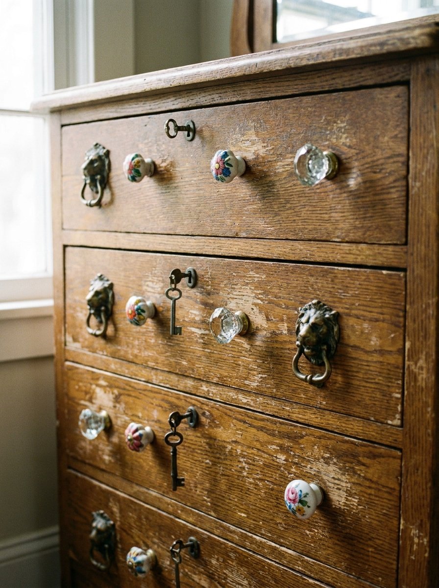Eclectic dresser hardware featuring mismatched brass and ceramic knobs.