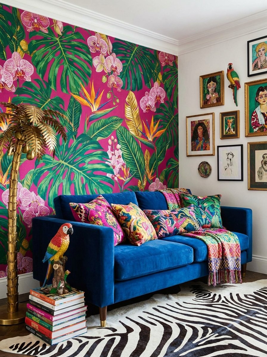 Feature wall with tropical print fabric wallpaper in a maximalist living room.