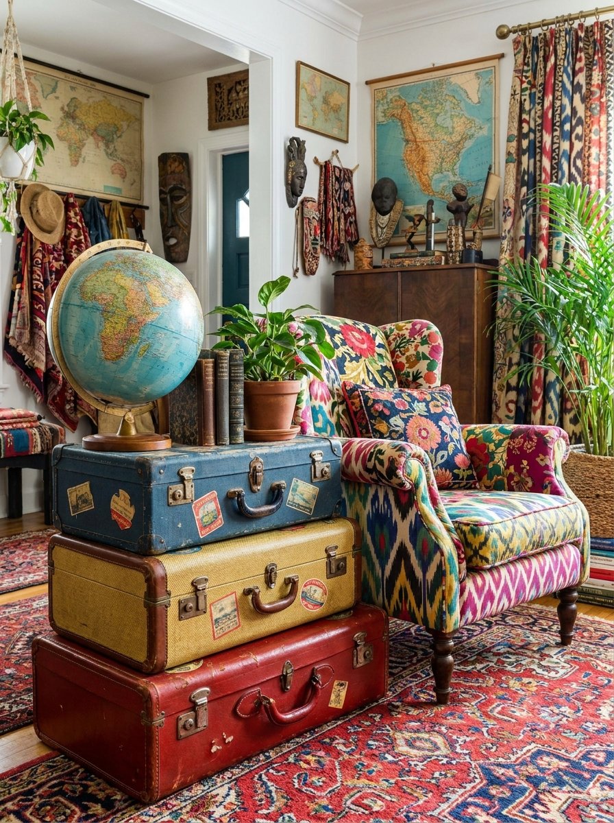 Stacked vintage suitcases used as a side table in a maximalist home.