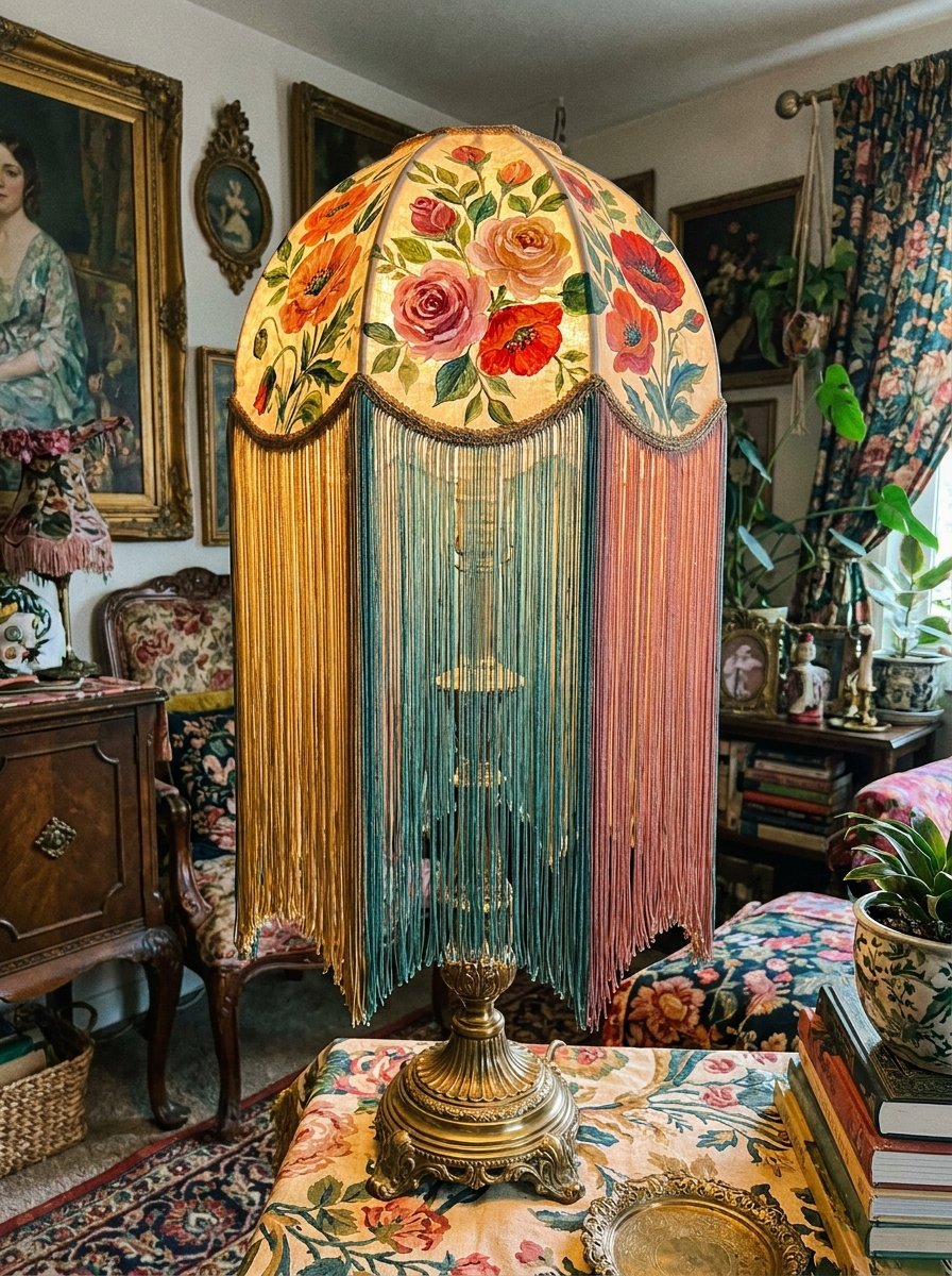 DIY maximalist lampshade with floral painting and fringe on a vintage lamp.