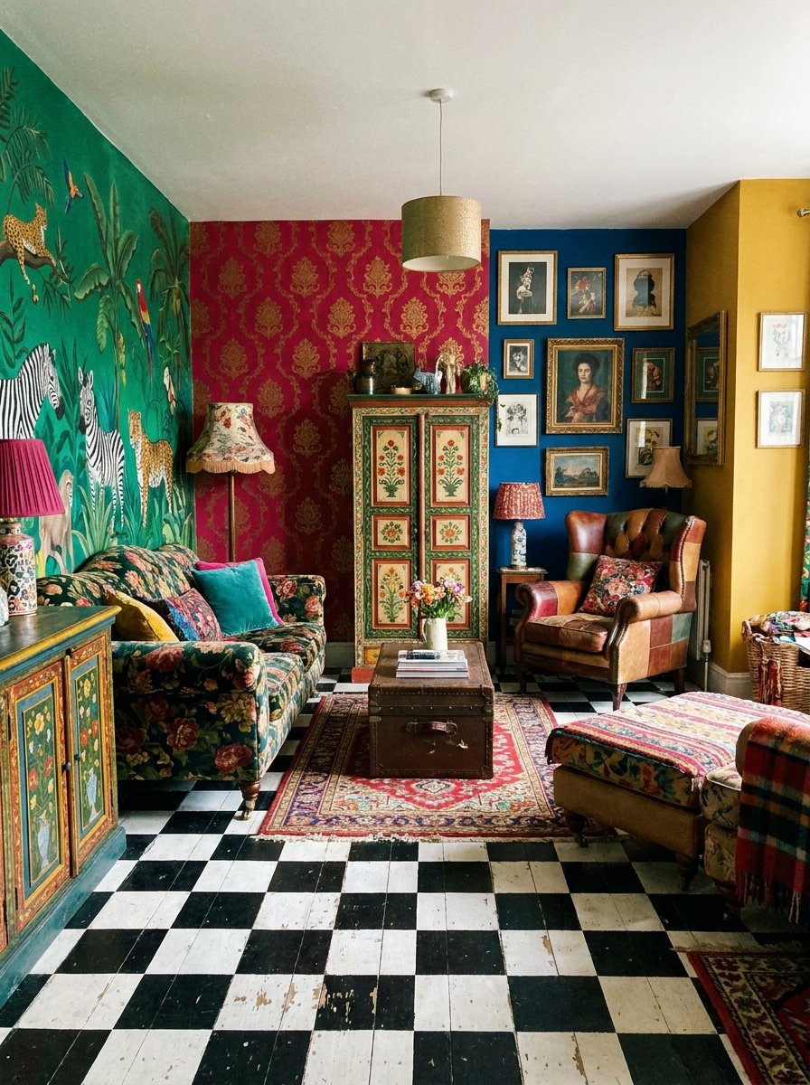 Hand-painted black and white checkered floor in a bold maximalist room.