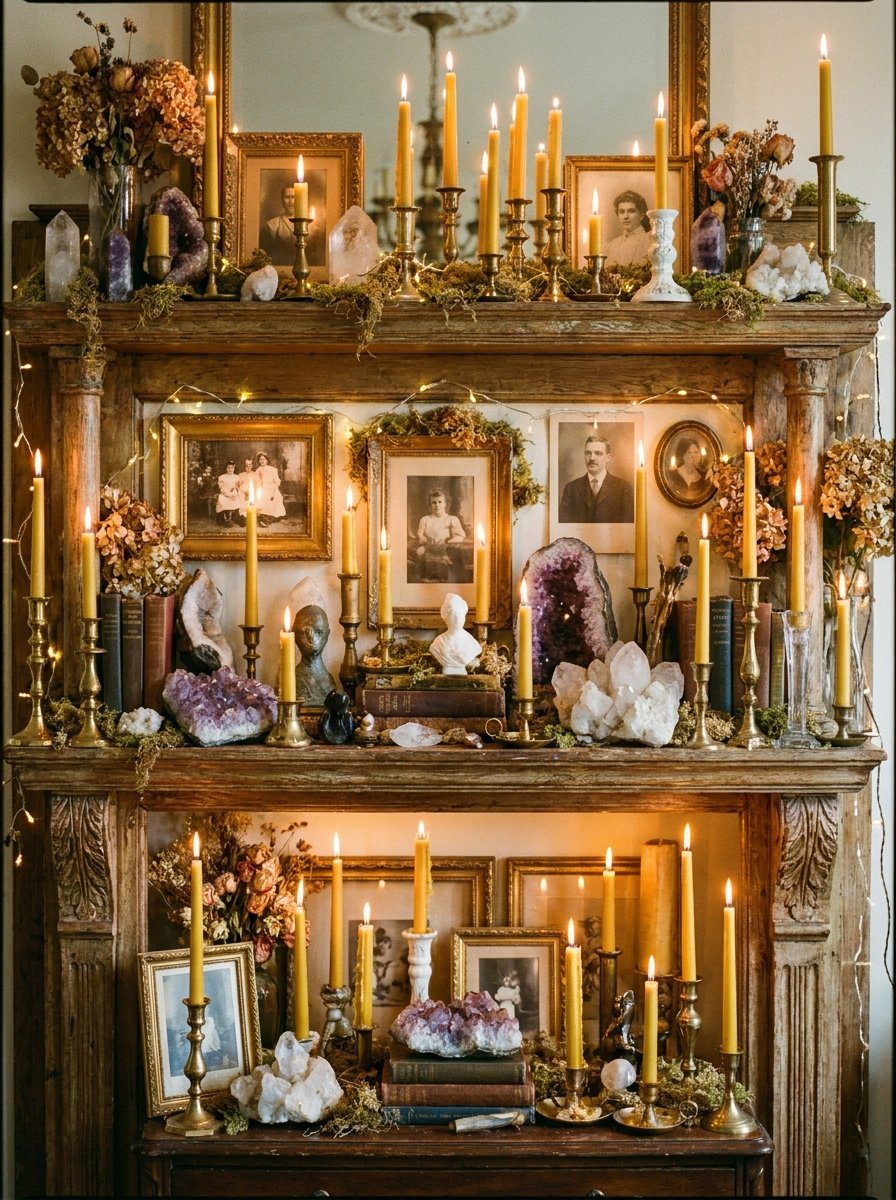 Maximalist mantelpiece vignette with candles, photos, and eclectic treasures.