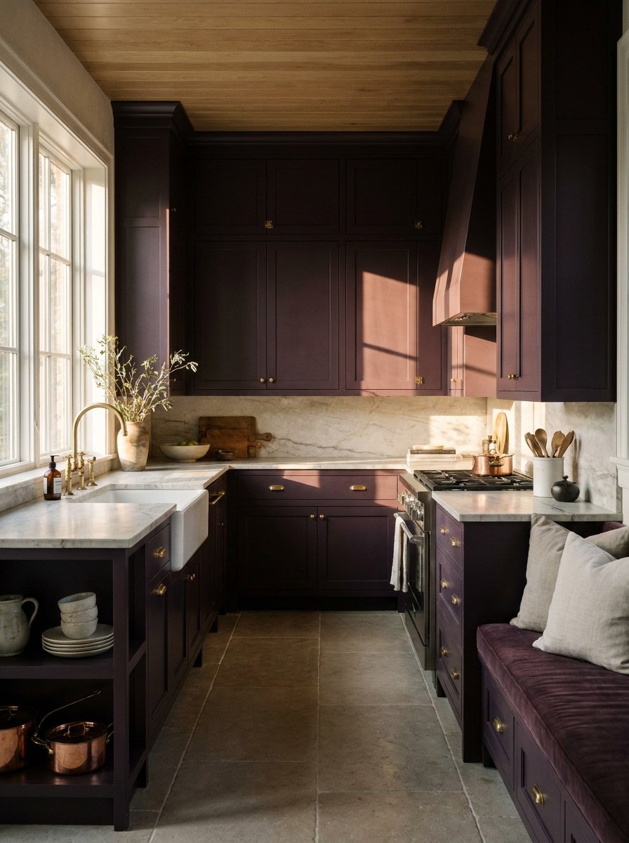 Moody aubergine shaker style kitchen cabinets in soft morning light.