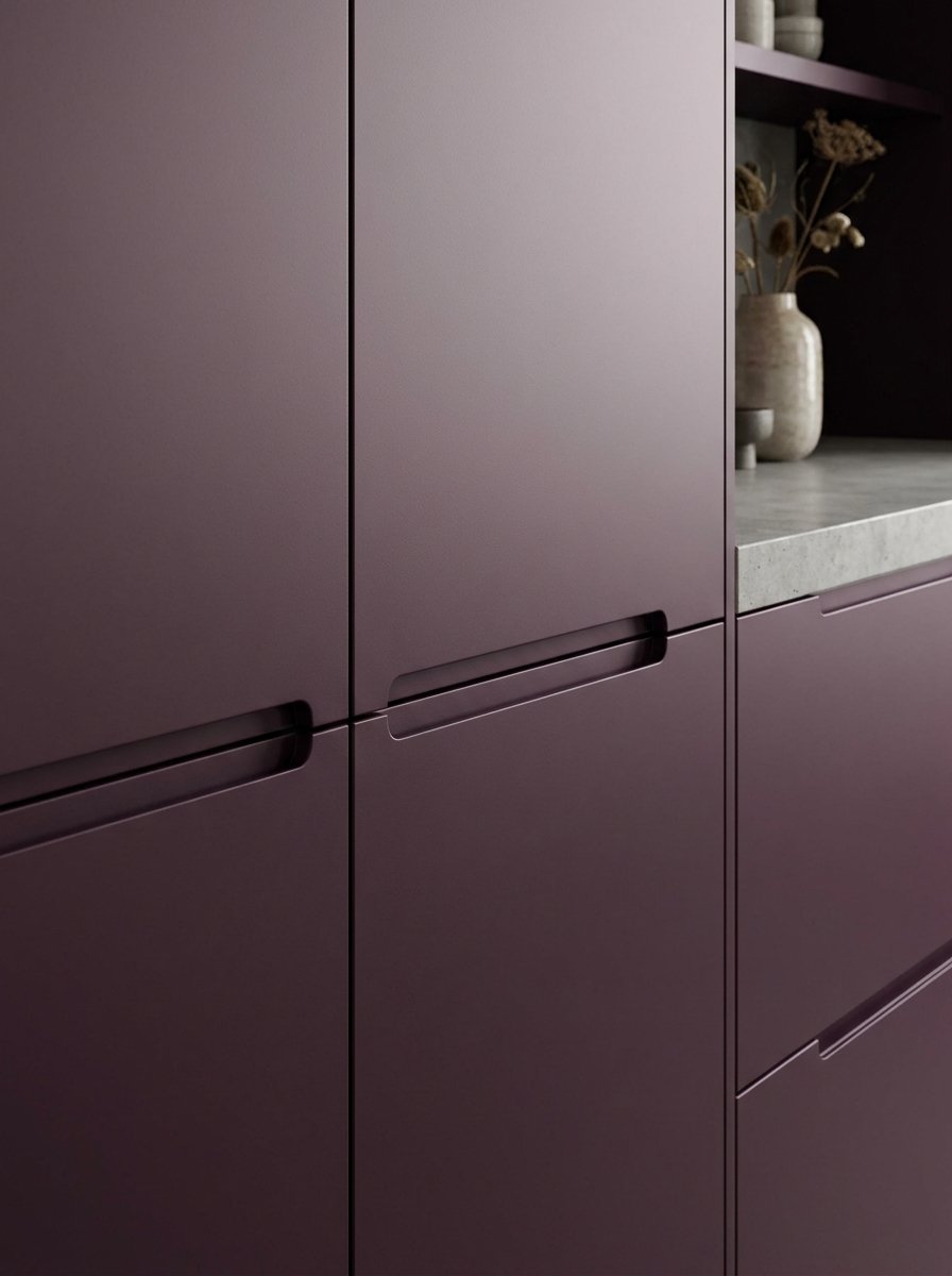 Detail shot of matte aubergine kitchen cabinet finish.