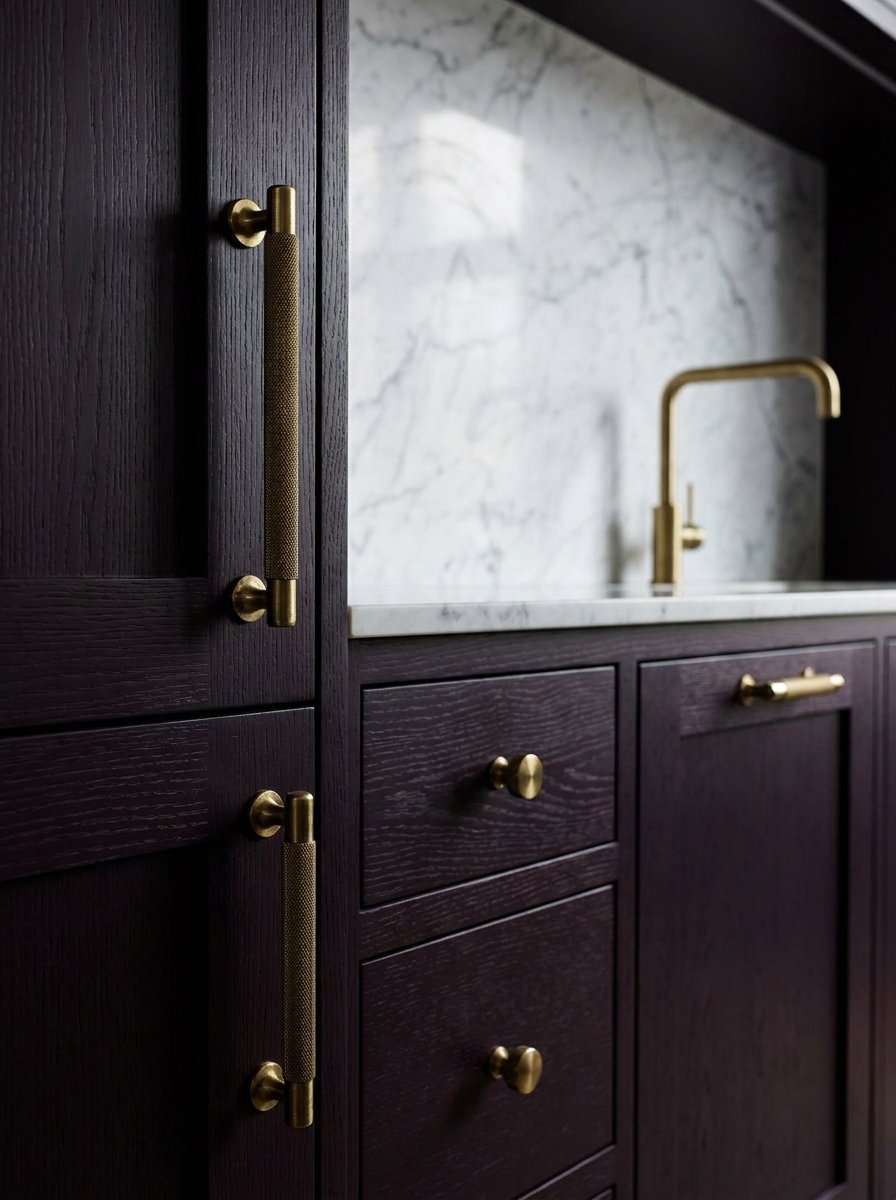 Gold hardware on deep purple aubergine kitchen drawers.