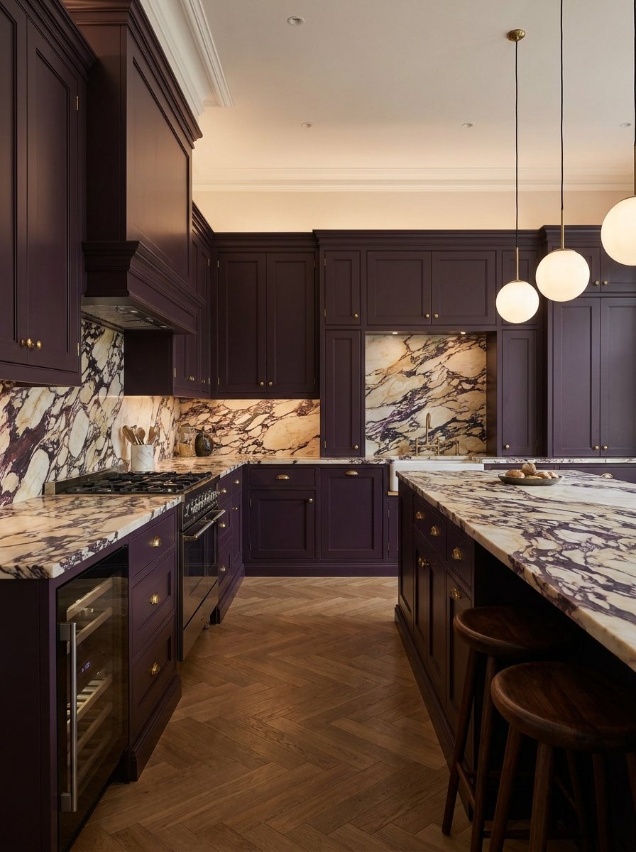 Aubergine kitchen cabinets paired with purple-veined Calacatta Viola marble.