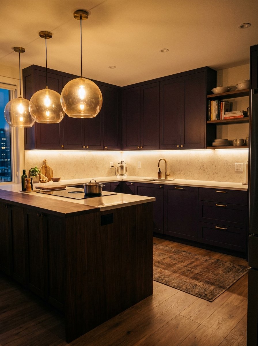 Warm pendant lighting illuminating dark aubergine kitchen cabinetry.