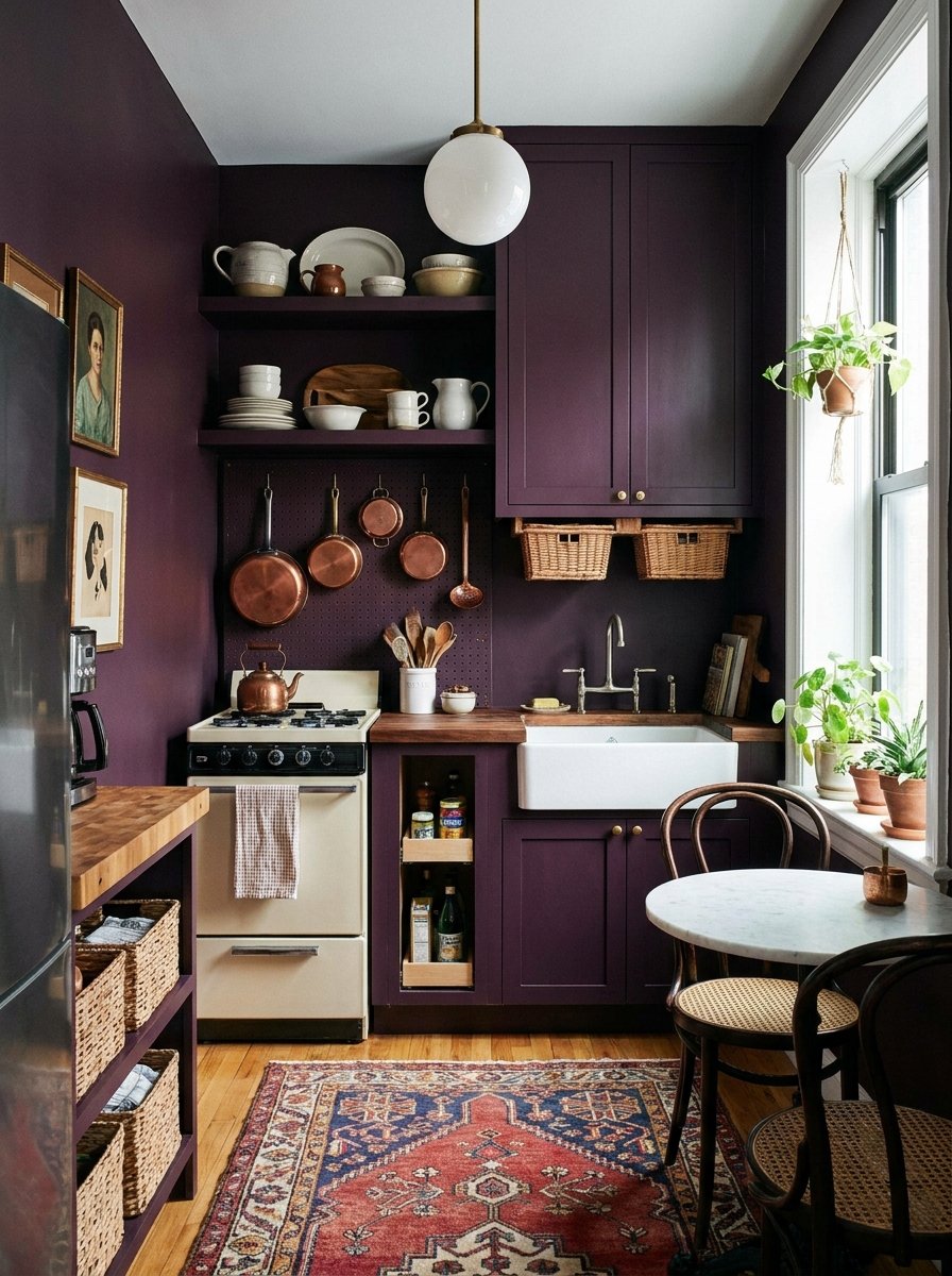 Small kitchen designed with a monochrome aubergine color palette.