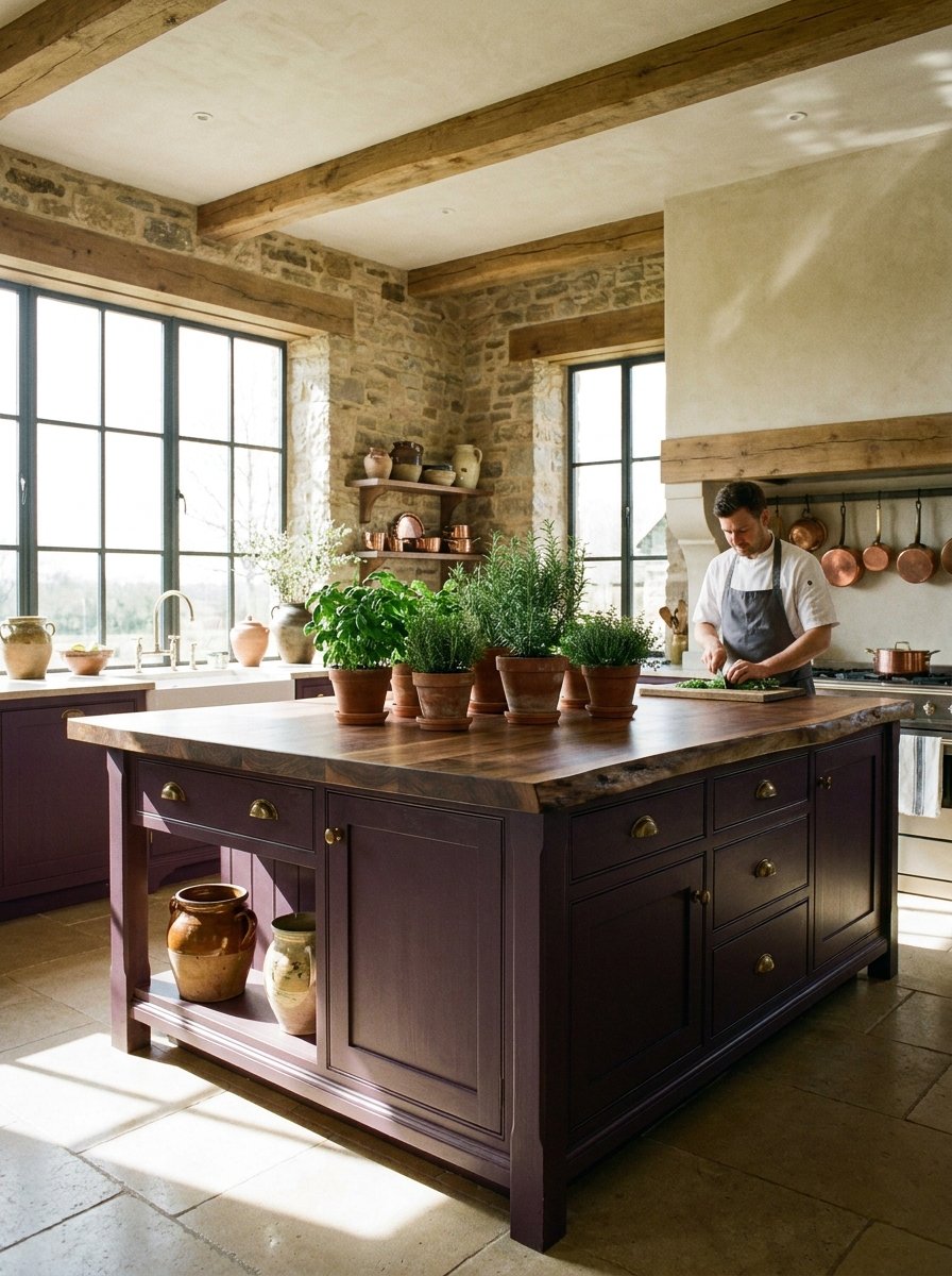 Aubergine kitchen island with natural walnut wood accents.