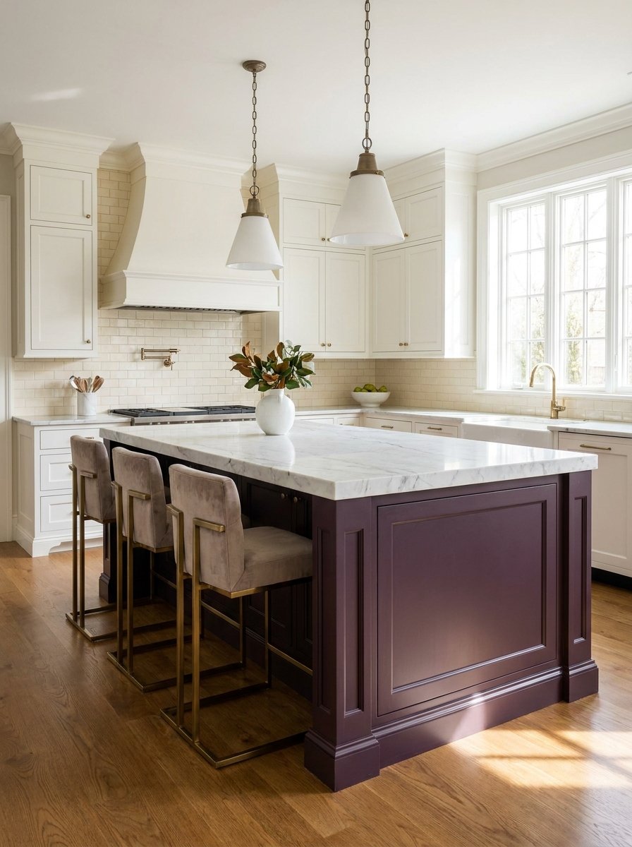 A bold aubergine kitchen island as a focal point in a neutral room.