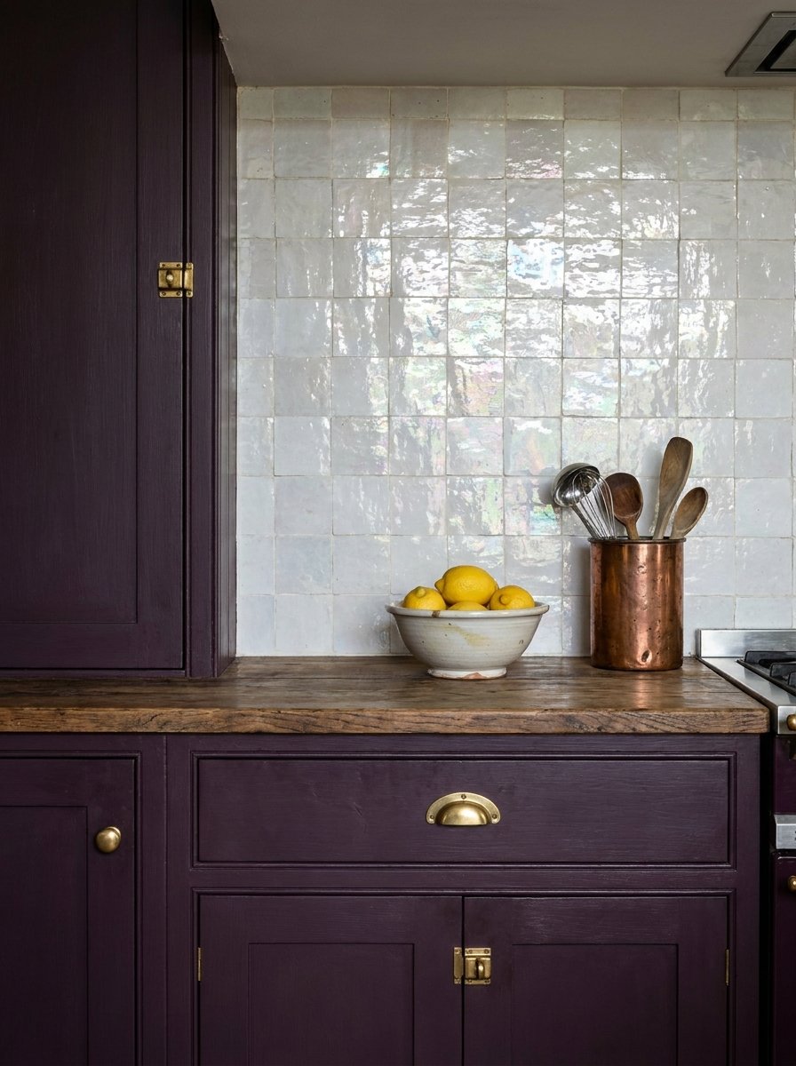 Handmade Zellige tile backsplash against dark purple cabinetry.
