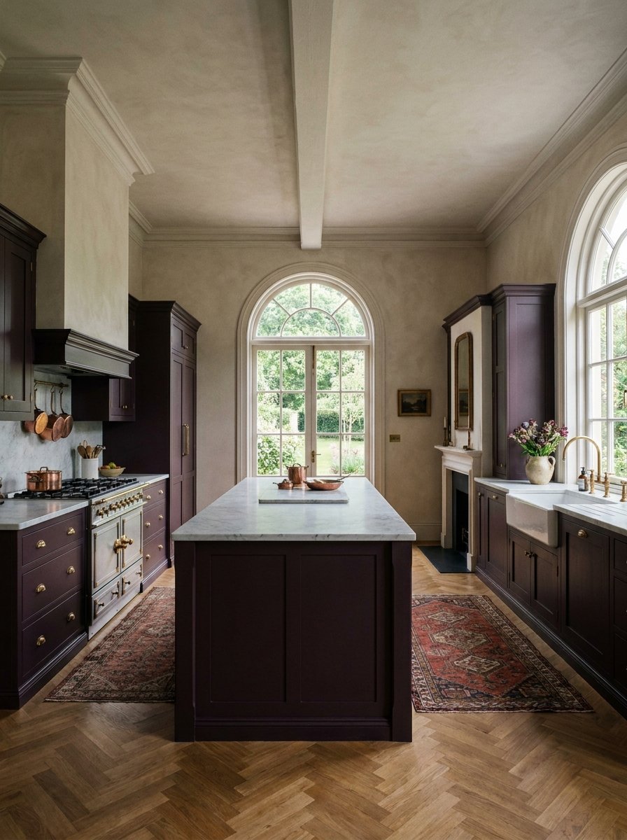 Classic and timeless kitchen featuring aubergine cabinets and high ceilings.