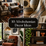 Collage of afrobohemian rooms and details with earthy color, pattern, plants and craft