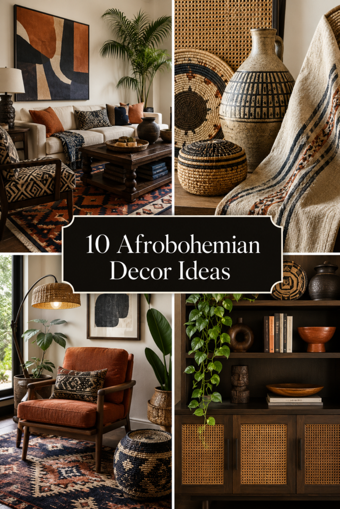 Collage of afrobohemian rooms and details with earthy color, pattern, plants and craft