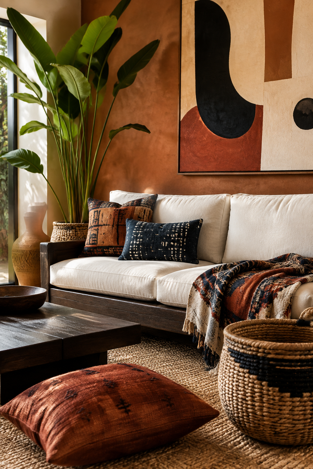 Living room layered in warm ivory, terracotta, espresso, indigo and green