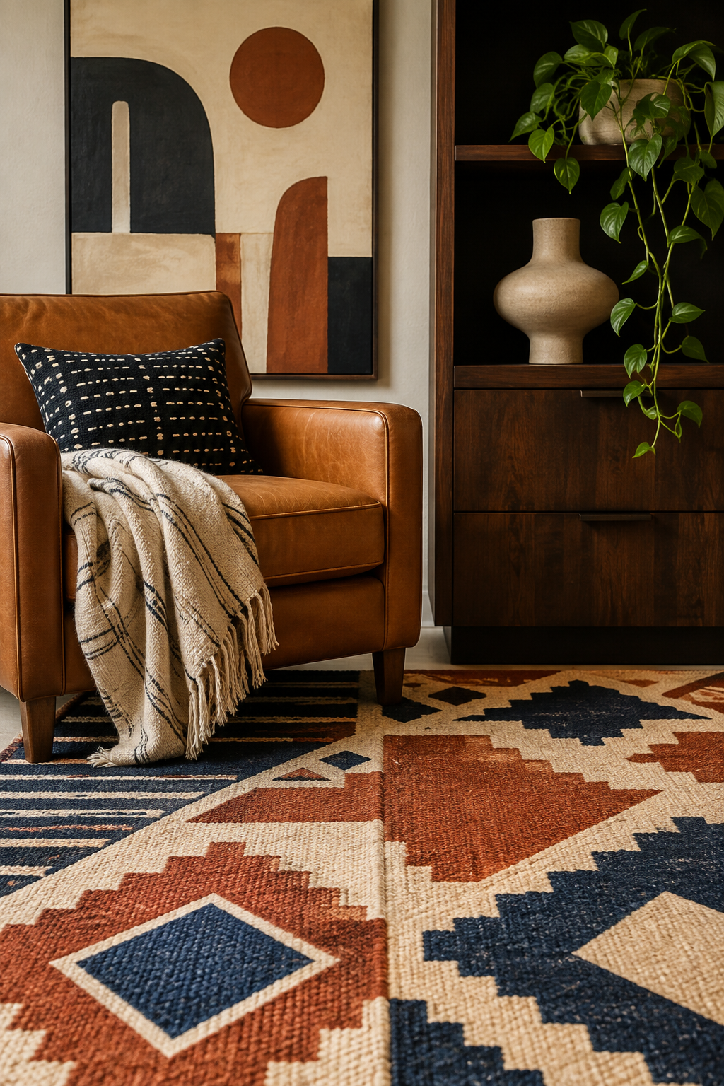 Cane chair, dark wood table and woven basket in a layered room